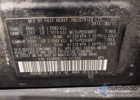 2011 Subaru Outback 2.5I Premium from USA, damaged, VIN 4S4BRBGC9B1402666